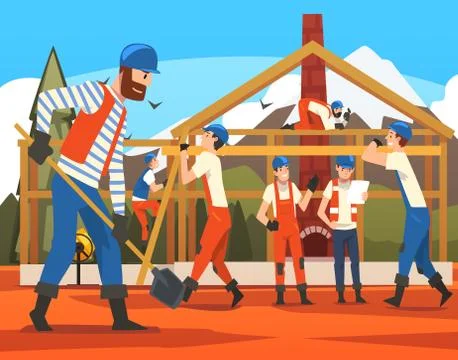 House Building Process, Construction Workers Characters Wearing Workwear and Ilustración de archivo