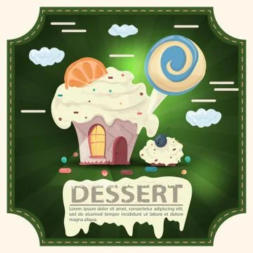 House cake with icing and a slice of citrus and candy with the inscription de Stock Illustration