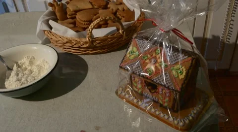 House-Cake Packed in Polyethylene Film Heart-Shaped Biscuits in a Basket House Stock Footage 59122084