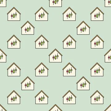 House with Candlestick Chart vector Investing colored seamless pattern 스톡 일러스트