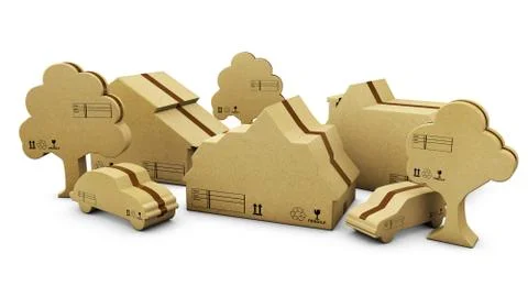 A house, car and tree in brown cardboard, isolated white, 3d illustration Stock Illustration