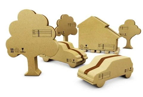 A house, car and tree in brown cardboard, isolated white, 3d illustration Stock Illustration