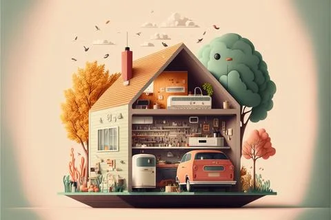 A house with a car in the front and a tree in the back of it highly detaile.. Ilustración de archivo