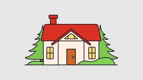 House with chimney and tree outline reveal animation transparent background Stock Footage 340468769