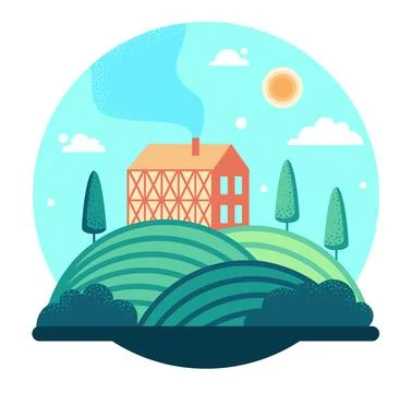 House with a chimney on a hill - vector cartoon illustration in round frame Stock Illustration