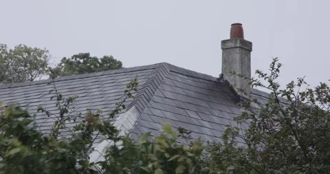 House with chimney raining and wind blowing in trees Stock Footage 251747610