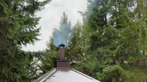 House chimney with smoke with forest on the background. Smoking slowly chimney Stock Footage 257947657