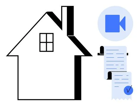 House with Chimney, Window, Video Camera Icon, and Document with Check Mark 스톡 일러스트