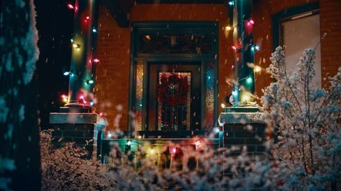 House Christmas Lights Wreath Snow Stock Footage