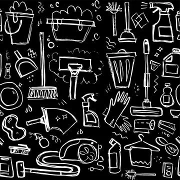House cleaning seamless vector pattern. Hand drawn sketch illustration of Stock Illustration
