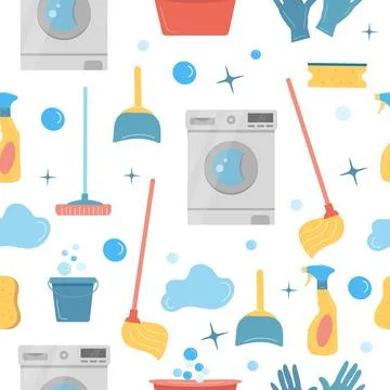 House cleaning supplies seamless pattern on white background, cartoon print Stock Illustration