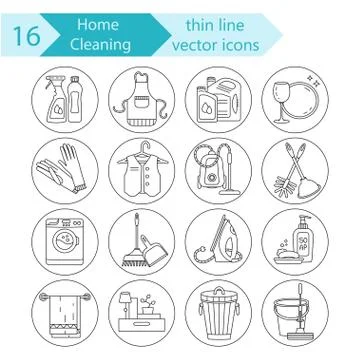 House cleaning thin line vector icon set Stock Illustration