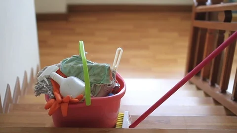 House cleaning tools prepare for clean room, house cleaning service Video stock 94501034
