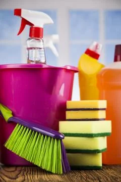 House cleaning with various cleaning tools Stock Photos