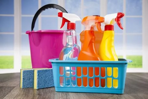 House cleaning with various cleaning tools Stock Photos