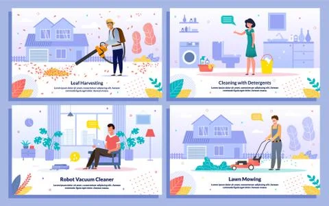 House Cleaning Works Flat Vector Banners Set Stock Illustration