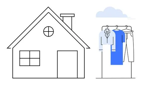 House with Clothes Hanging on Rack Outside Under Clear Sky, Minimalist Line A イラスト素材
