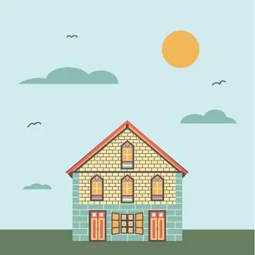 House with cloud sky and sun on background Stock Illustration