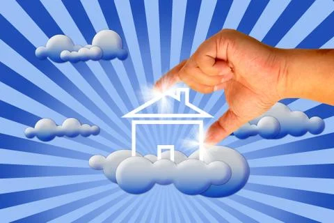 House in clouds with hand Illustrazione stock