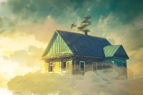 The house in the clouds hovering above the ground Stock Illustration