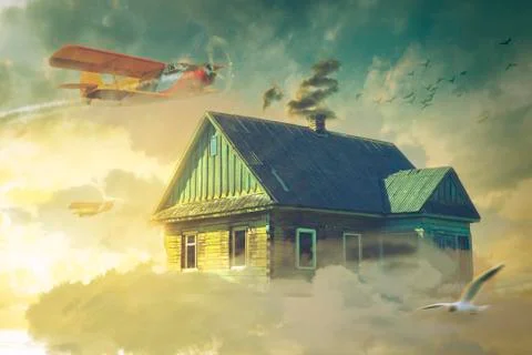 The house in the clouds hovering above the ground Stock Illustration