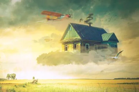 The house in the clouds hovering above the ground Stock Illustration