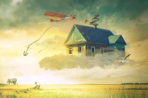 The house in the clouds hovering above the ground Stock Illustration