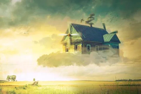 The house in the clouds hovering above the ground Stock Illustration