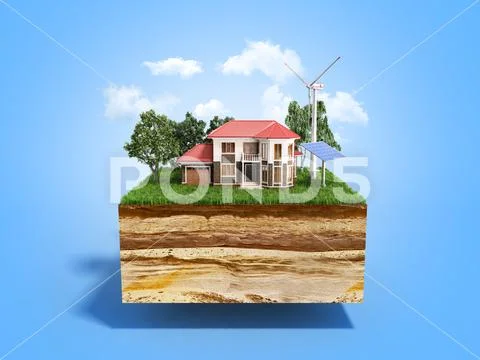 House on a clutch of land Concept of ecologically clean house 3d render on bl Stock Illustration