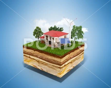 House on a clutch of land Concept of ecologically clean house 3d render on bl Stock Illustration