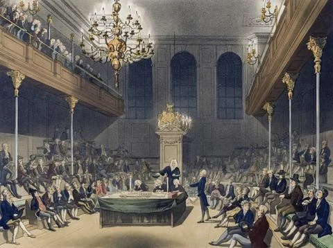 House of Commons.  Circa 1808.  After a work by August Pugin and Thomas Rowlands Stock Illustration