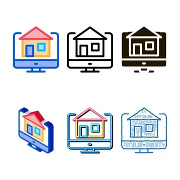 House on computer display icon vector styleset outline Stock Illustration