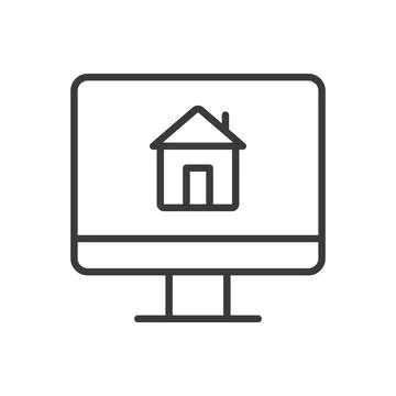 House on the computer, icon in line design. House, computer, technology, digital Stock Illustration