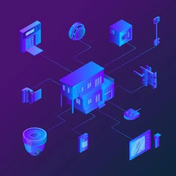 House with connected home security systems. Vector isometric neon gradients i Stock Illustration