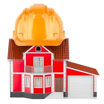 House with construction hard hat. House repair or home building, concept. 3.. Stock Illustration