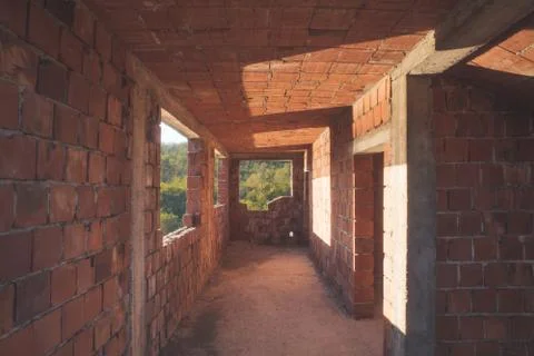 House construction interior with red bricks Stock Photos