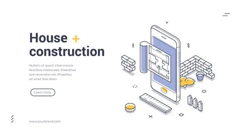 House construction isometric web banner. Mobile application for architecture  Illustrazione stock