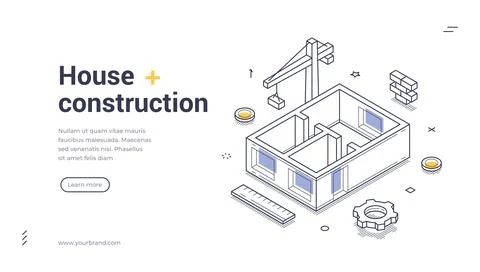 House construction isometric web banner. Building process and architecture co Illustrazione stock