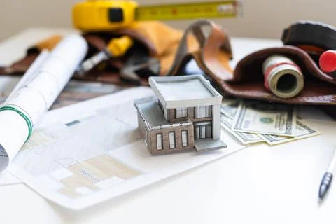 House construction plan concept. Tools for building work. Architectural model Fotos de archivo