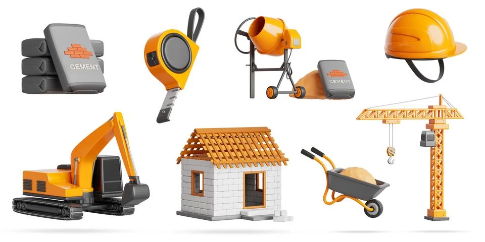 House construction site design elements 3d render icon set. Block building Illustrazione stock