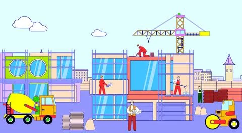 House construction, site with equipment, vector illustration, flat man builder イラスト素材