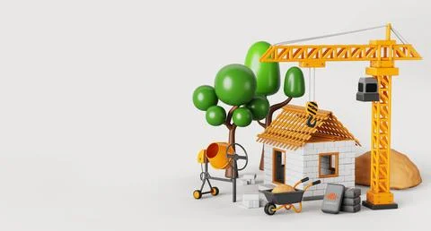 House construction site with tower crane. Cartoon render landscape of block Stock Illustration