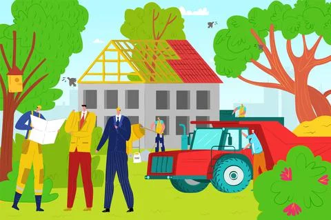 House construction, vector illustration. Builder worker man character work with Stock Illustration