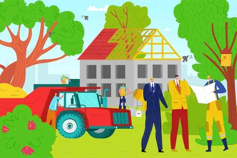 House construction, vector illustration. Builder worker man character work with Stock Illustration