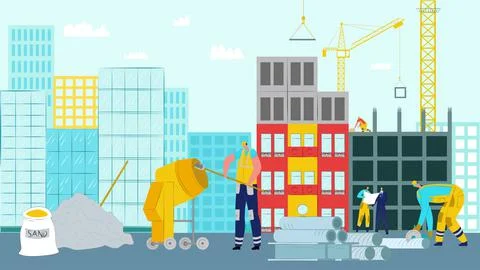 House construction work, vector illustration. Worker builder character use Illustrazione stock