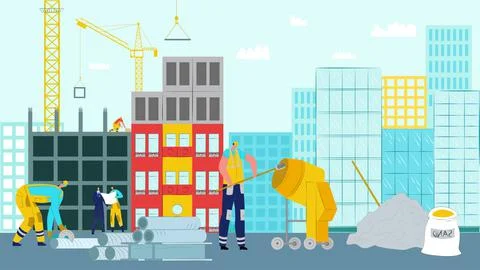 House construction work, vector illustration. Worker builder character use Illustrazione stock