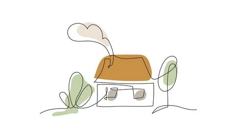 House in continuous line art drawing style with organic color shapes, vector Stock Illustration