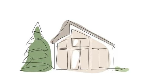 House in continuous line art drawing style with organic color shapes, vector Stock Illustration