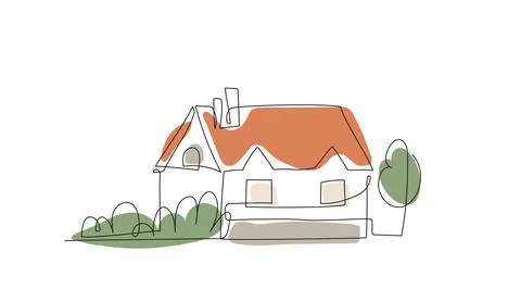 House in continuous line art drawing style with organic color shapes, vector Stock Illustration