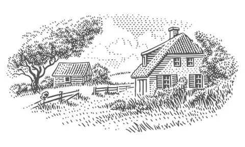 House in countryside engraving style illustration. Stock Illustration